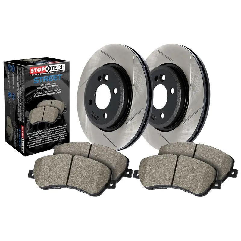 Stoptech Street Axle Brake Kit – Front Slotted Rotors And Premium Pads 1